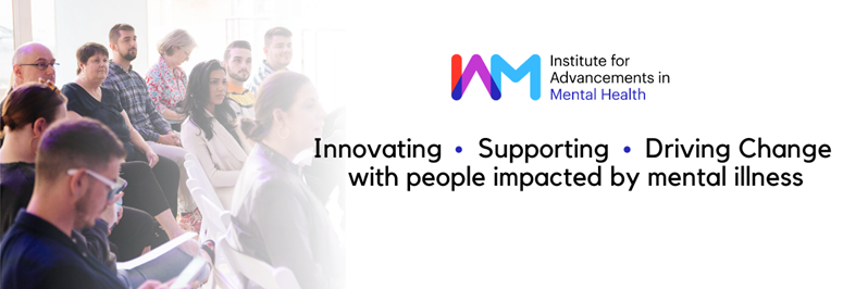 Group of people on the left, IAM logo, and text in the middle "innovating, supporting, driving change with people impacted by mental illness